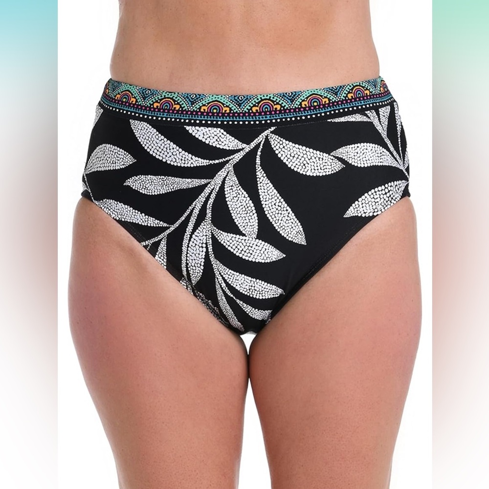 XL High Waisted Bikini Bottoms Black White Leaf‎ Print Geometric Trim Swimwear